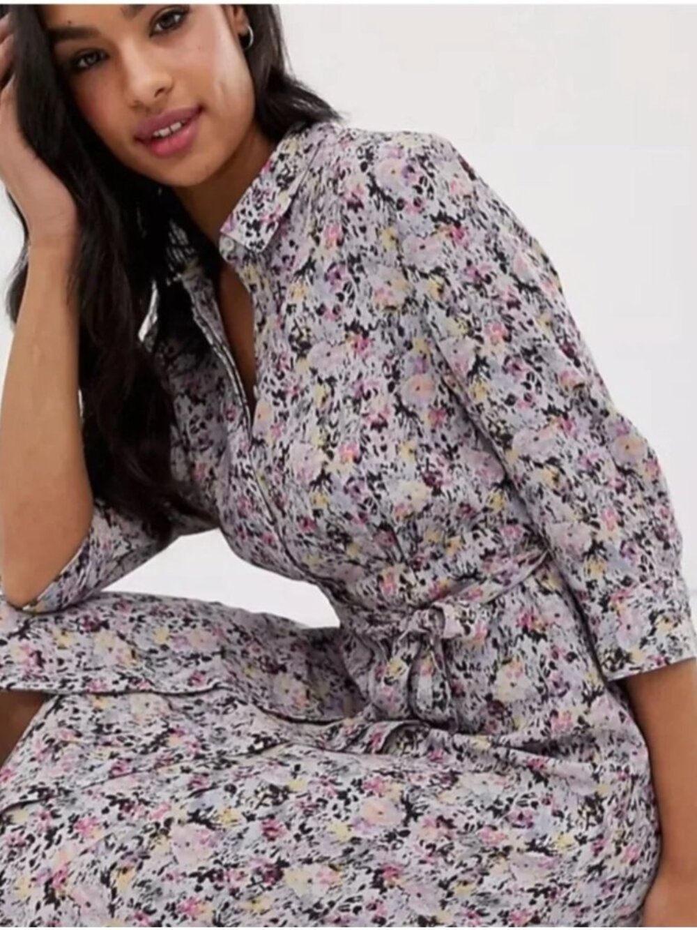 AllSaints Chiara Sketch Midi Floral Patterned Shirt Dress